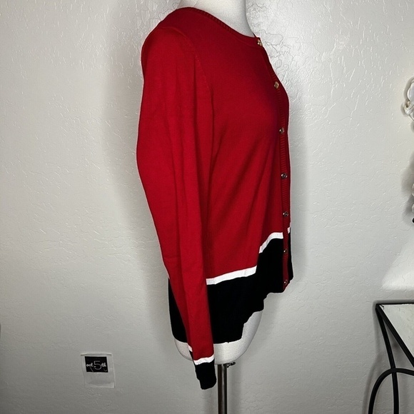 Karen Scott red, black & white cardigan sweater M - Picture 4 of 7
